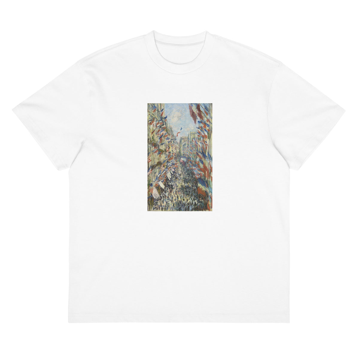 White T-shirt Claude Monet S The Rue Montorgueil In Paris Famous Painting Signature
