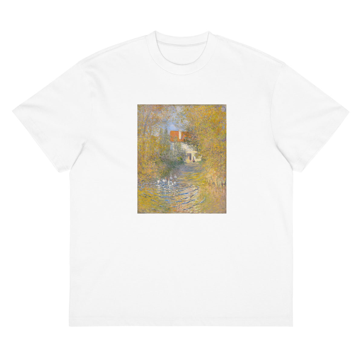 White T-shirt Claude Monet S The Geese Famous Painting Signature
