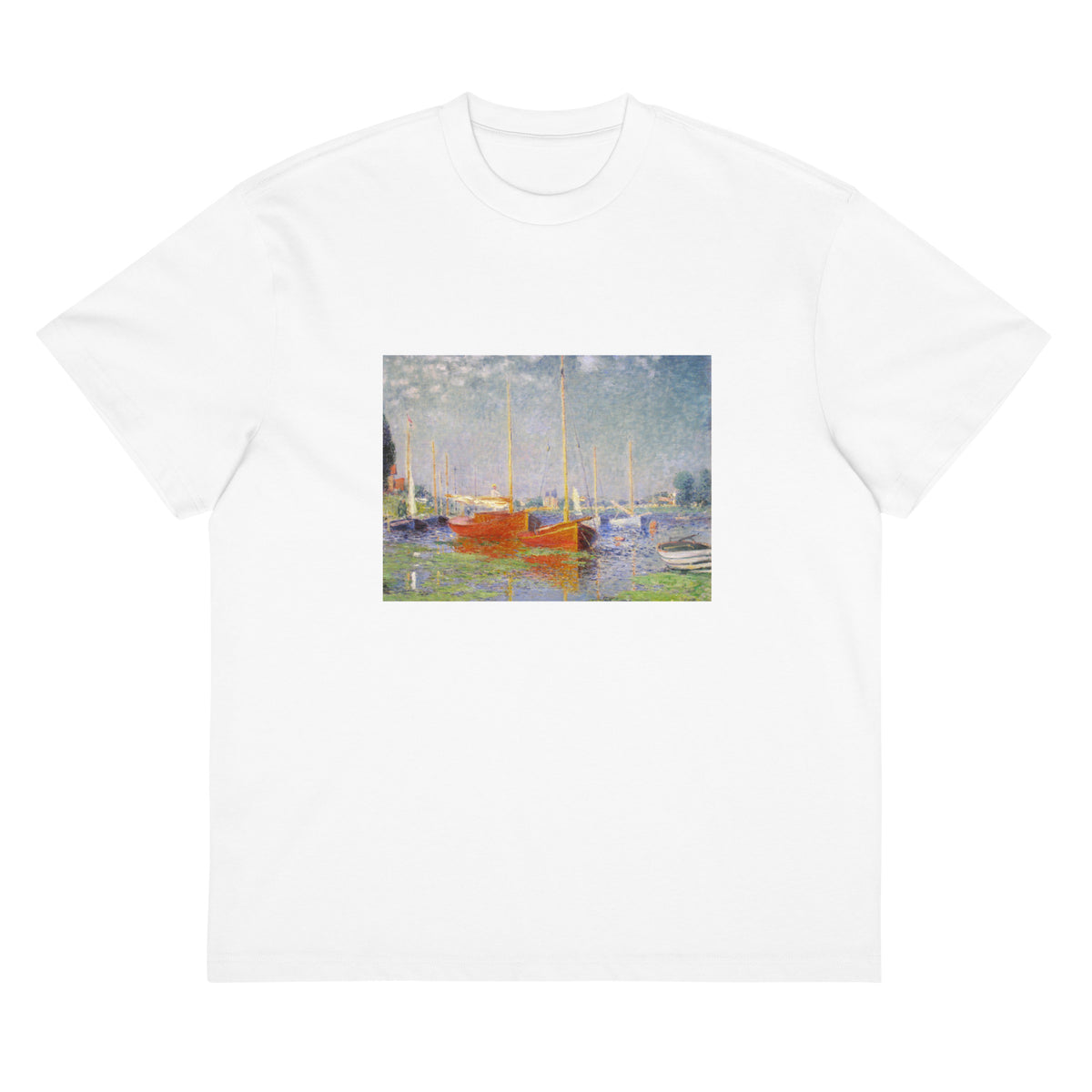 White T-shirt Claude Monet S Red Boats At Argenteuil Famous Painting Signature