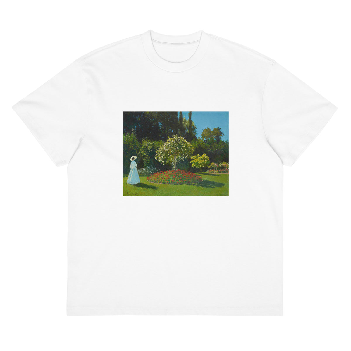 White T-shirt Claude Monet S Lady In The Garden Famous Painting Signature