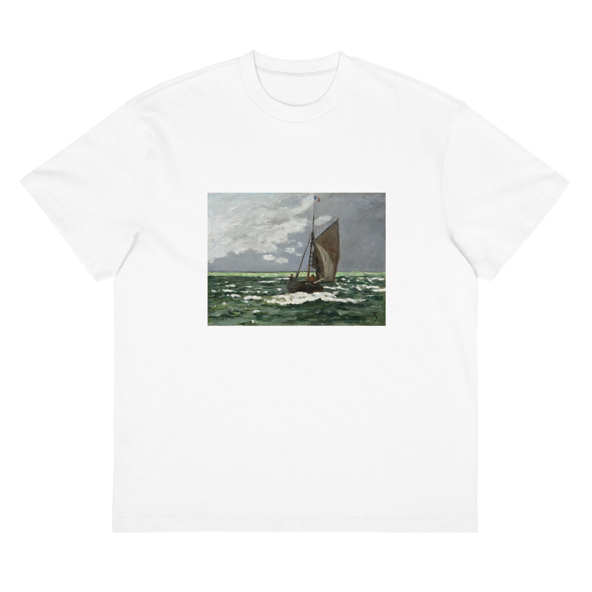 White T-shirt Claude Monet S Seascape Storm Famous Painting Signature