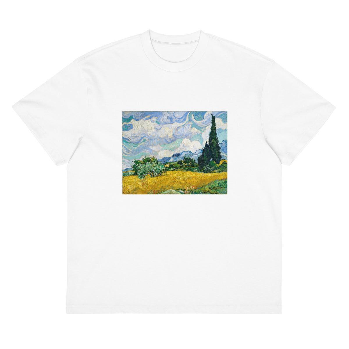 White T-shirt Vincent Van Gogh S Wheat Field With Cypresses Famous Painting Signature