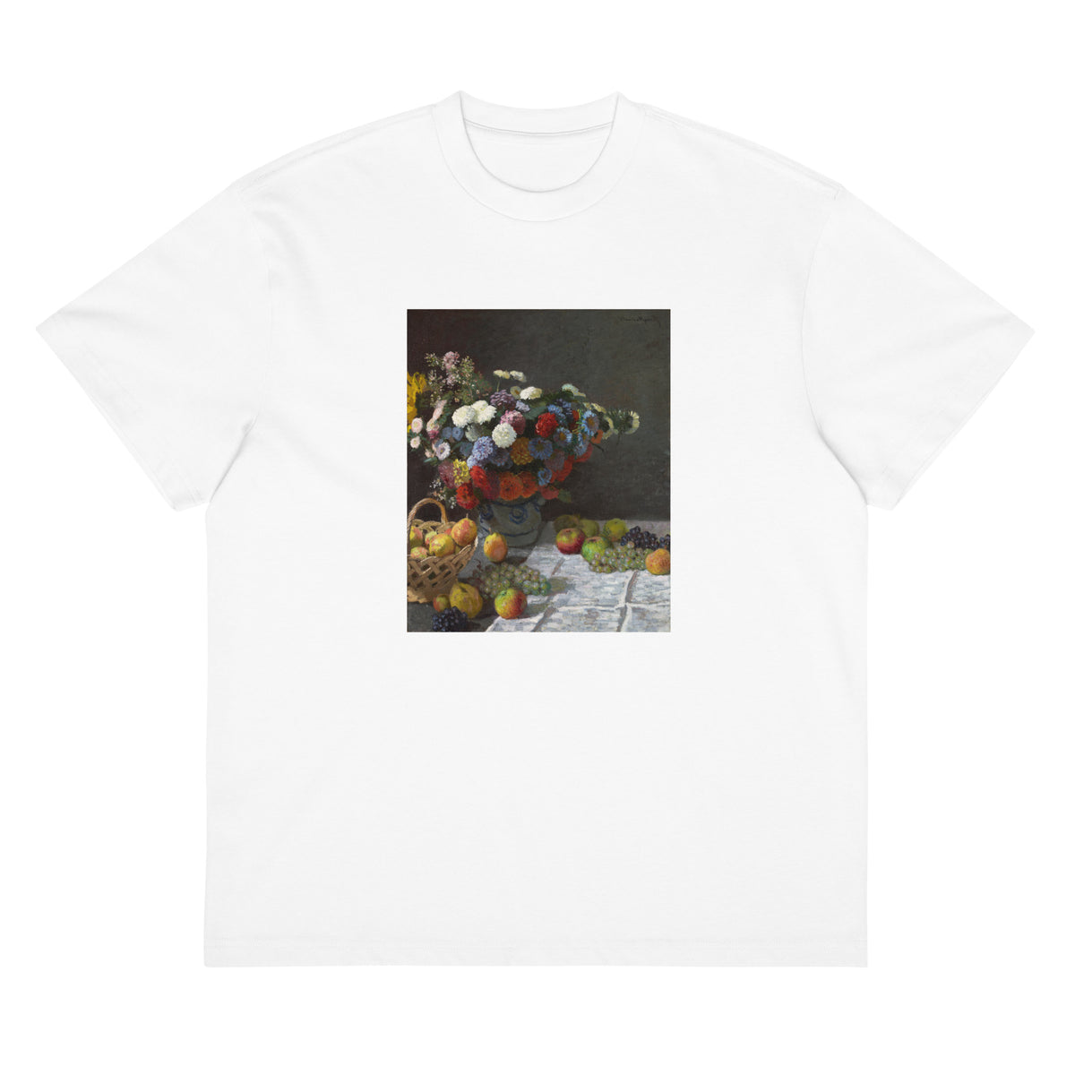 White T-shirt Still Life With Flowers And Fruit Signature