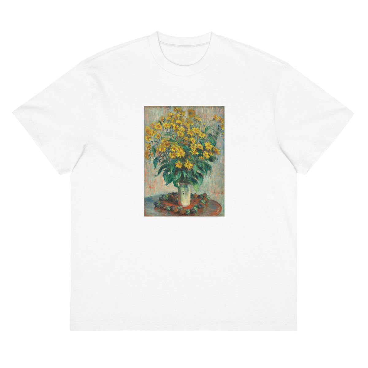 White T-shirt Jerusalem Artichoke Flowers Signature