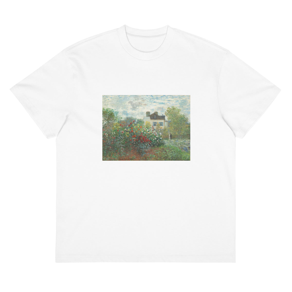 White T-shirt The Artist S Garden In Argenteuil A Corner Of The Garden With Dahlias Signature