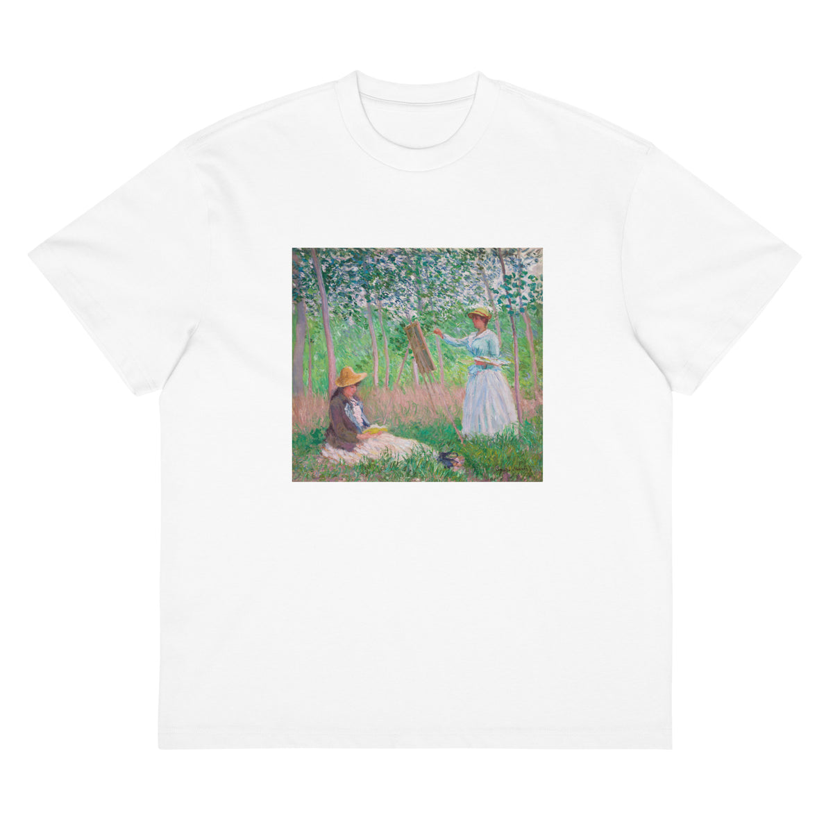 White T-shirt In The Woods At Giverny Blanche Hoschede At Her Easel With Suzanne Hoschede Reading Signature