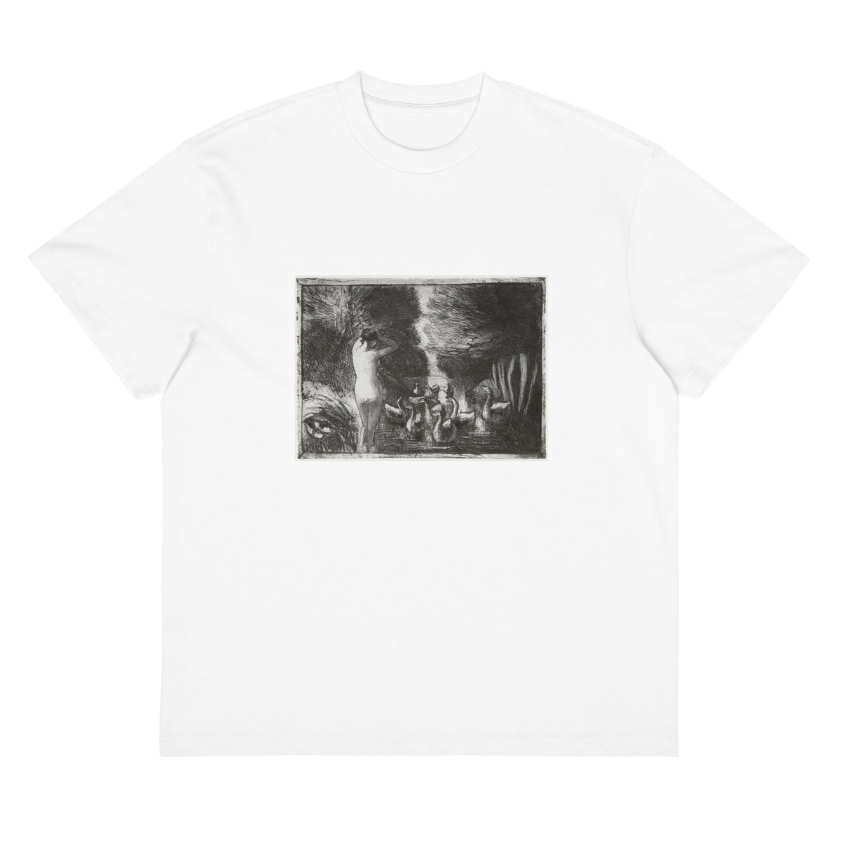 White T-shirt Bather With Geese Signature