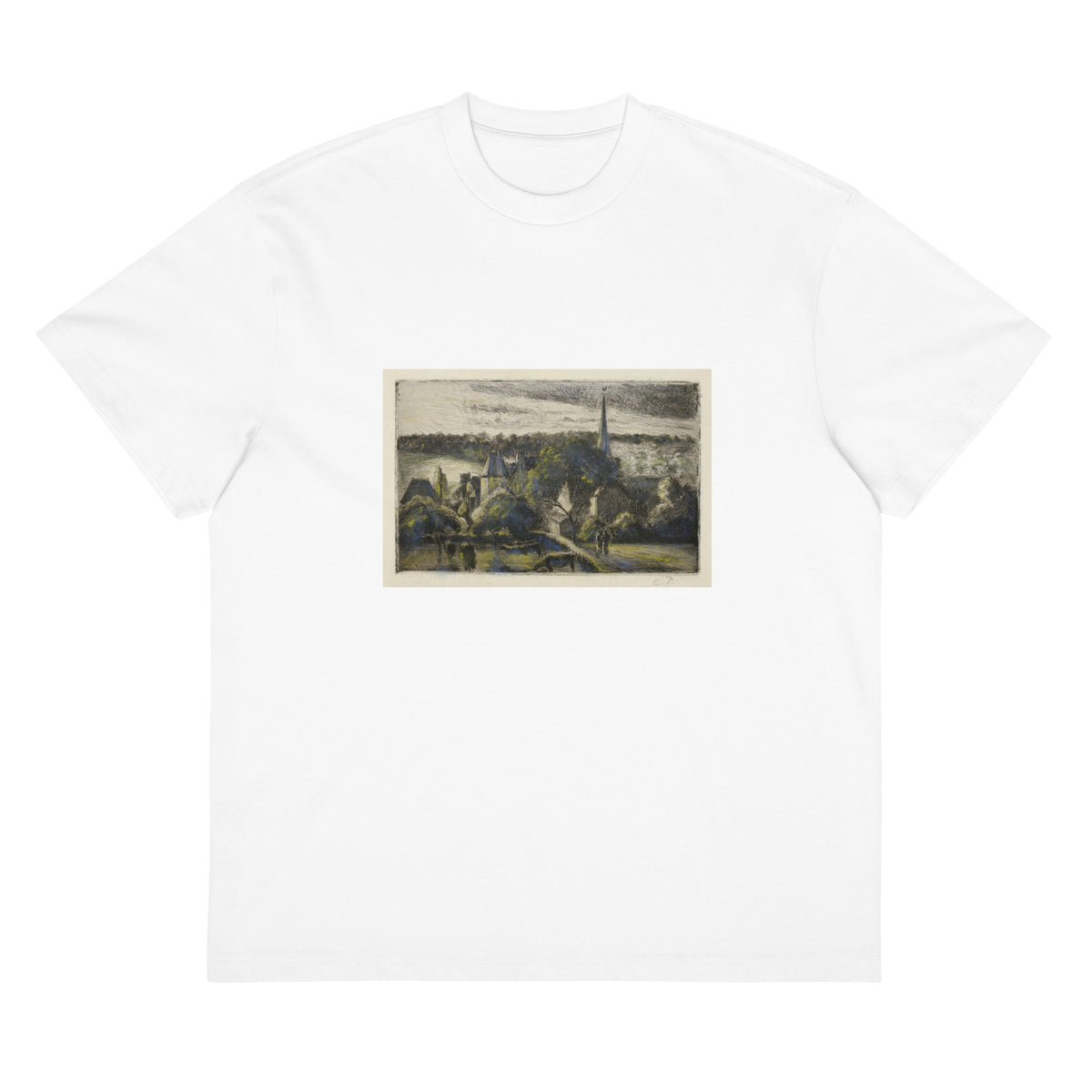 White T-shirt Church And Farm At Eragny Signature