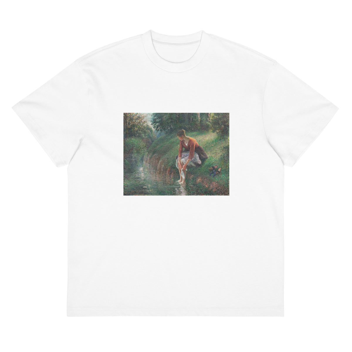 White T-shirt Woman Bathing Her Feet In A Brook Signature