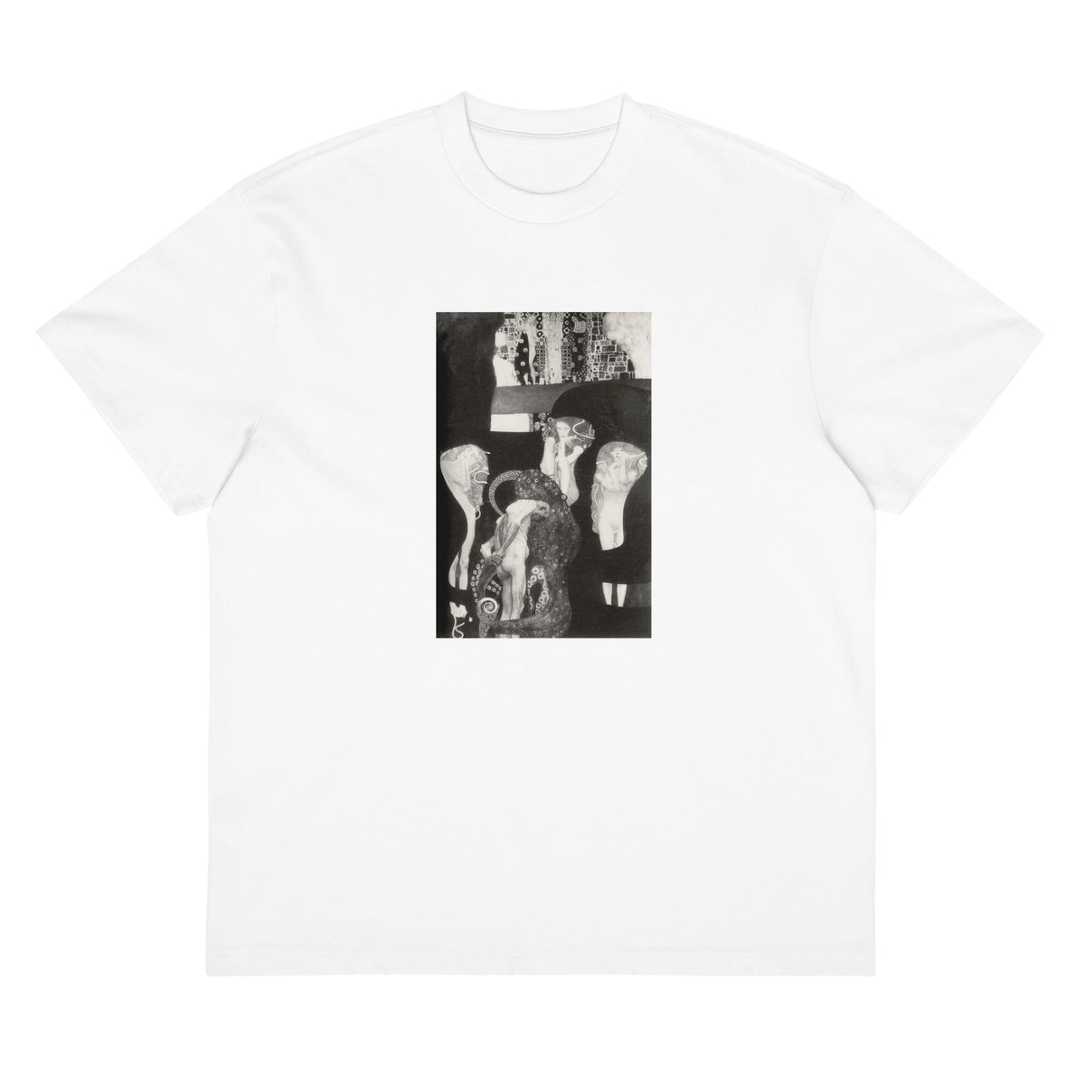 White T-shirt Gustav Klimt Jurisprudence Famous Painting Signature