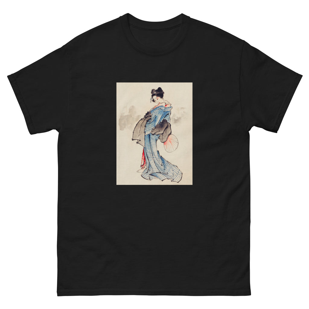 Black T-shirt Woman Full-Length Portrait Standing Facing Left Holding Fan In Right Hand Wearing Kimono With Check Design - Katsushika Hokusai 1760 Essential