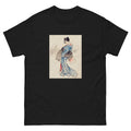 Black T-shirt Woman Full-Length Portrait Standing Facing Left Holding Fan In Right Hand Wearing Kimono With Check Design - Katsushika Hokusai 1760 Essential