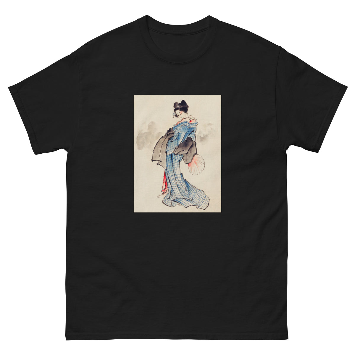 Black T-shirt Woman Full-Length Portrait Standing Facing Left Holding Fan In Right Hand Wearing Kimono With Check Design - Katsushika Hokusai 1760 Essential