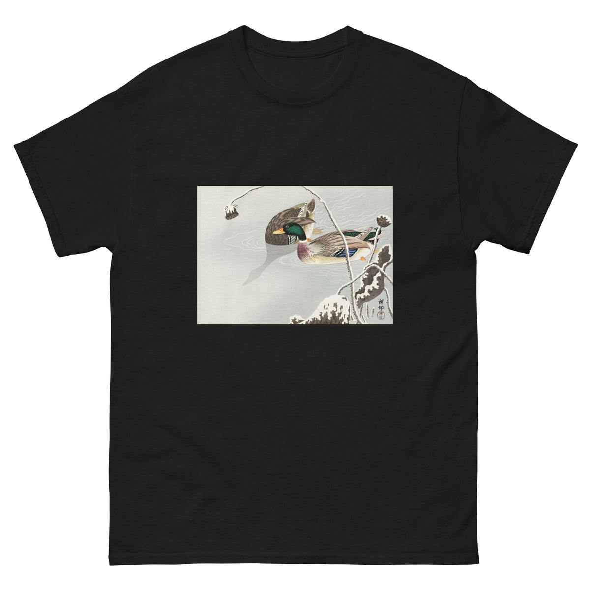 Black T-shirt Two Mallards Near A Snow-Covered Lotus - Ohara Koson 1925 Essential