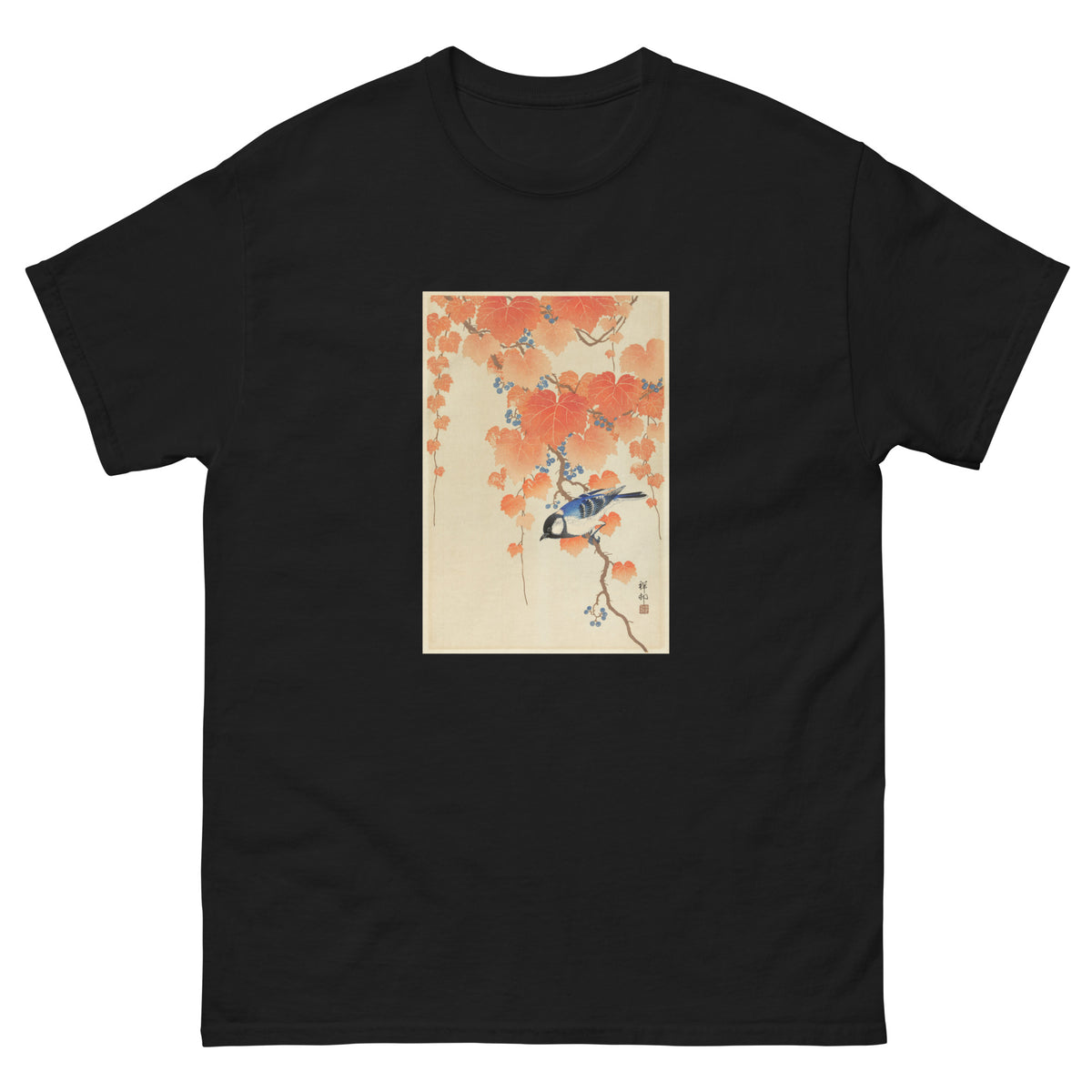 Black T-shirt Great Tit On Paulownia Branch - Ohara Koson 1925 Essential