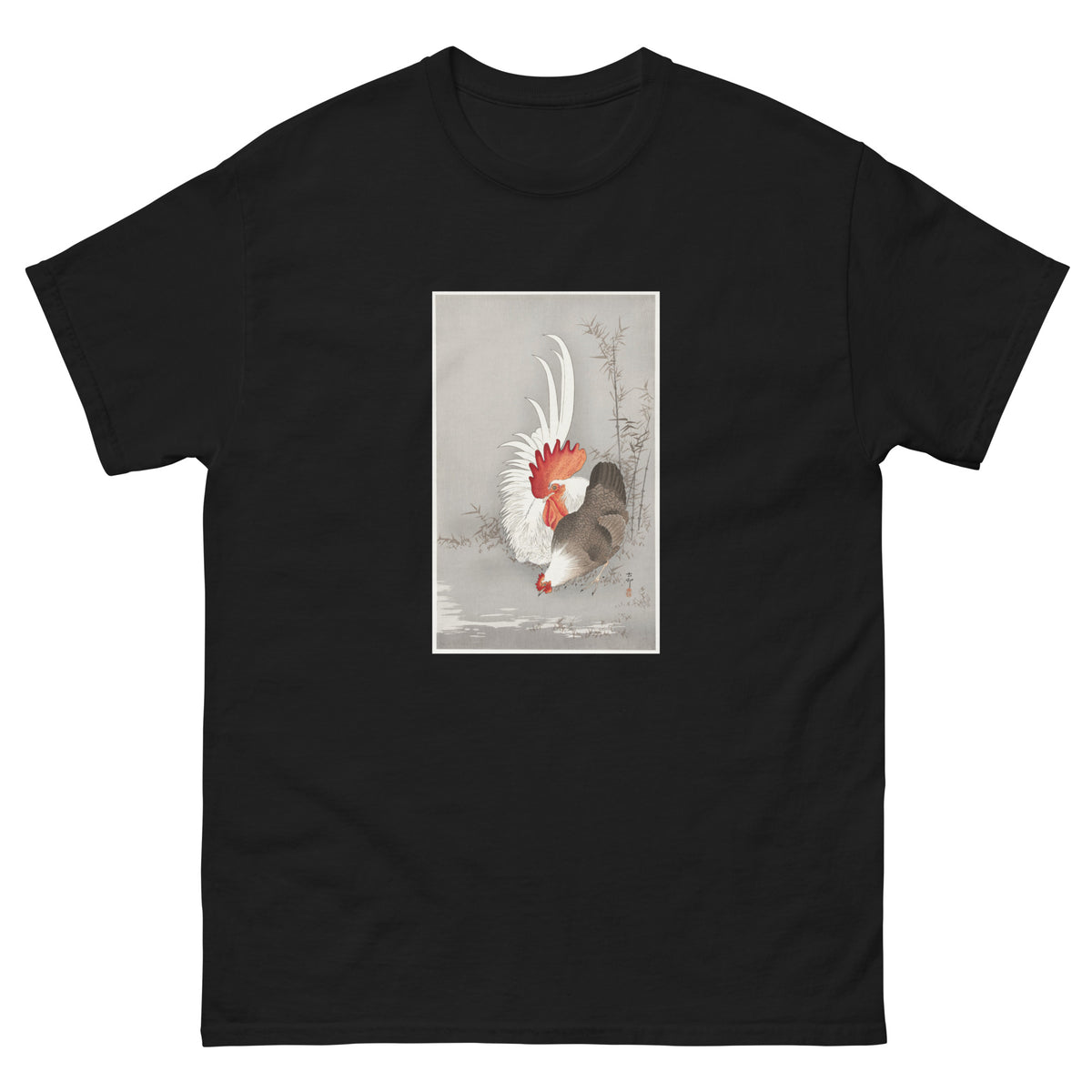 Black T-shirt Rooster And Chicken - Ohara Koson 1900 Essential