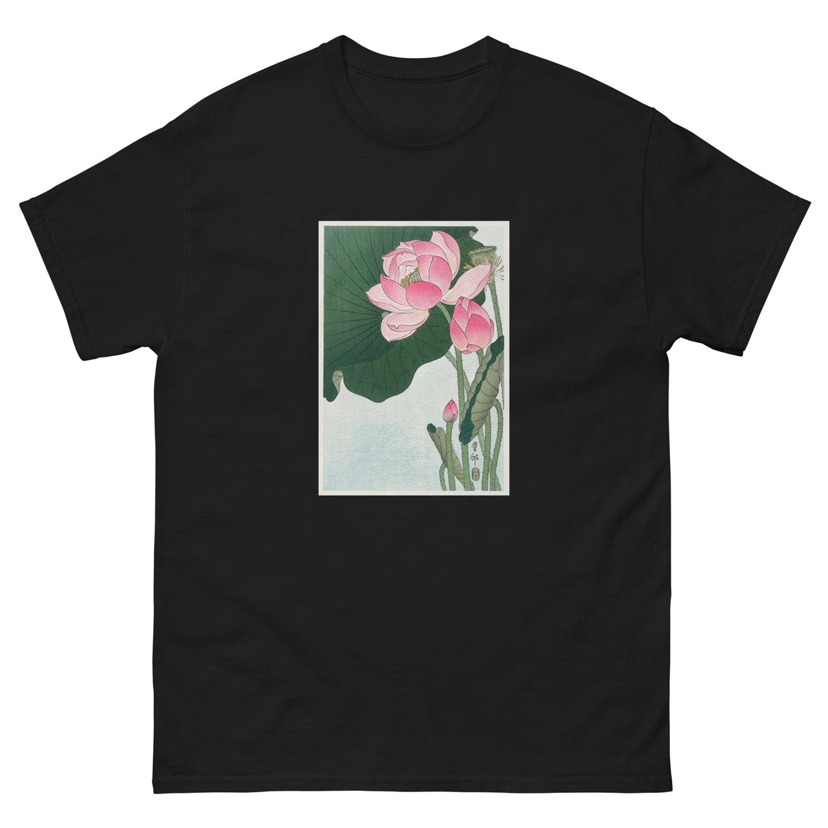 Black T-shirt Blooming Lotus Flowers - Ohara Koson 1920 Essential