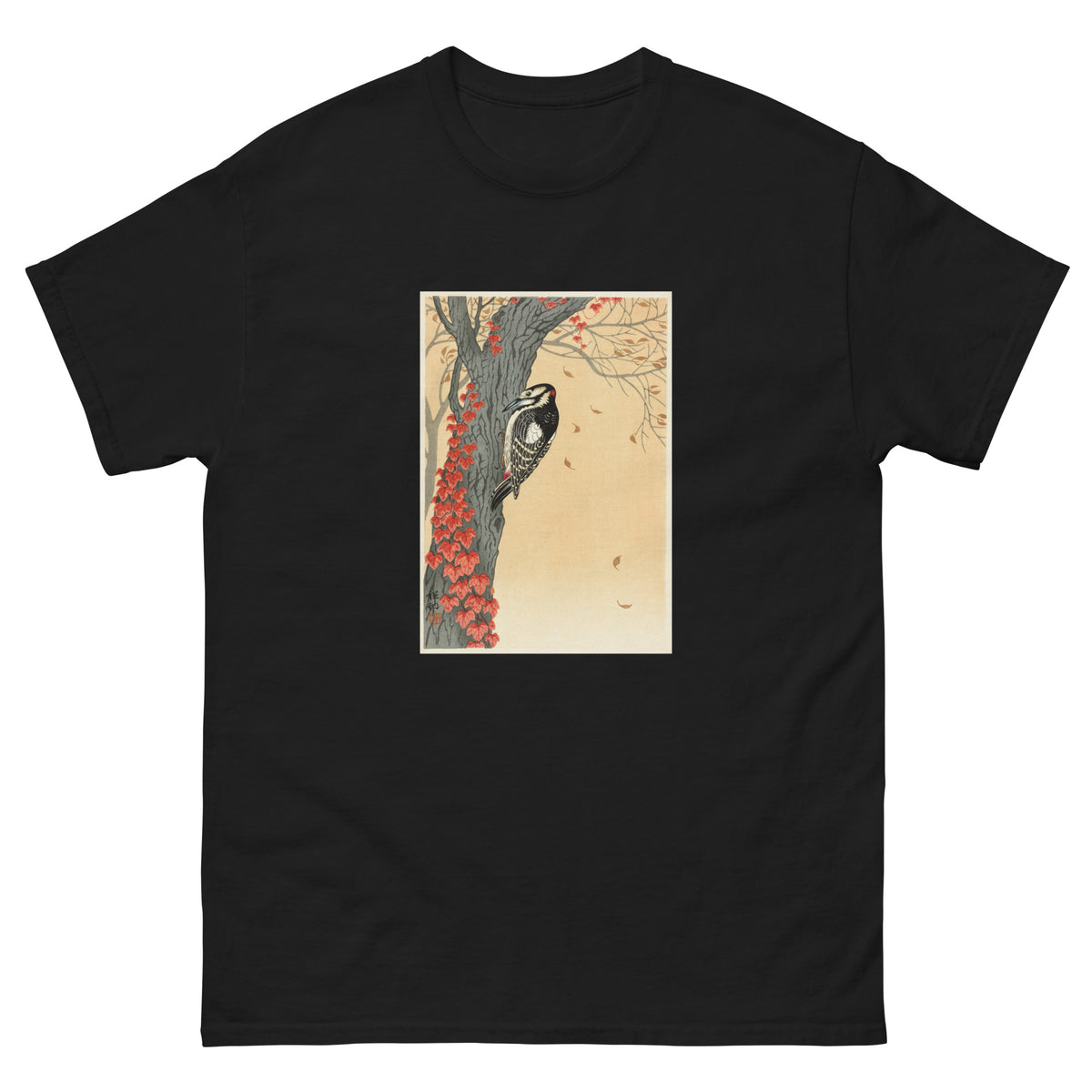 Black T-shirt Great Spotted Woodpecker In Tree With Red Ivy - Ohara Koson 1925 Essential
