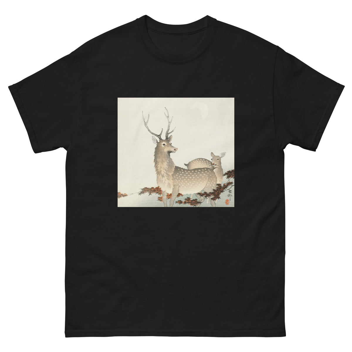 Black T-shirt Couple Of Deers - Ohara Koson 1900 Essential