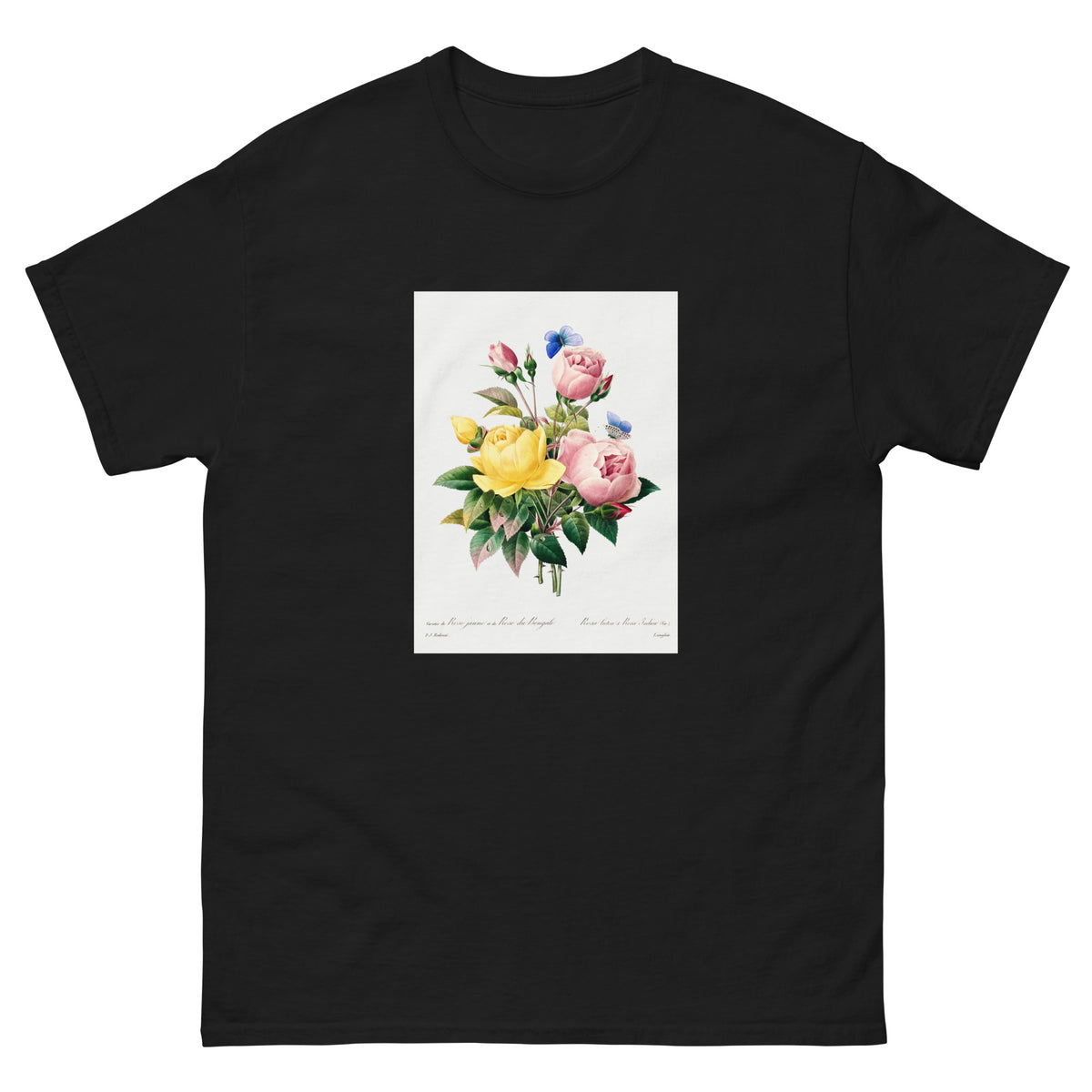 Black T-shirt Yellow Rose And Cabbage Rose - Pierre-Joseph Redoute 1759 Essential