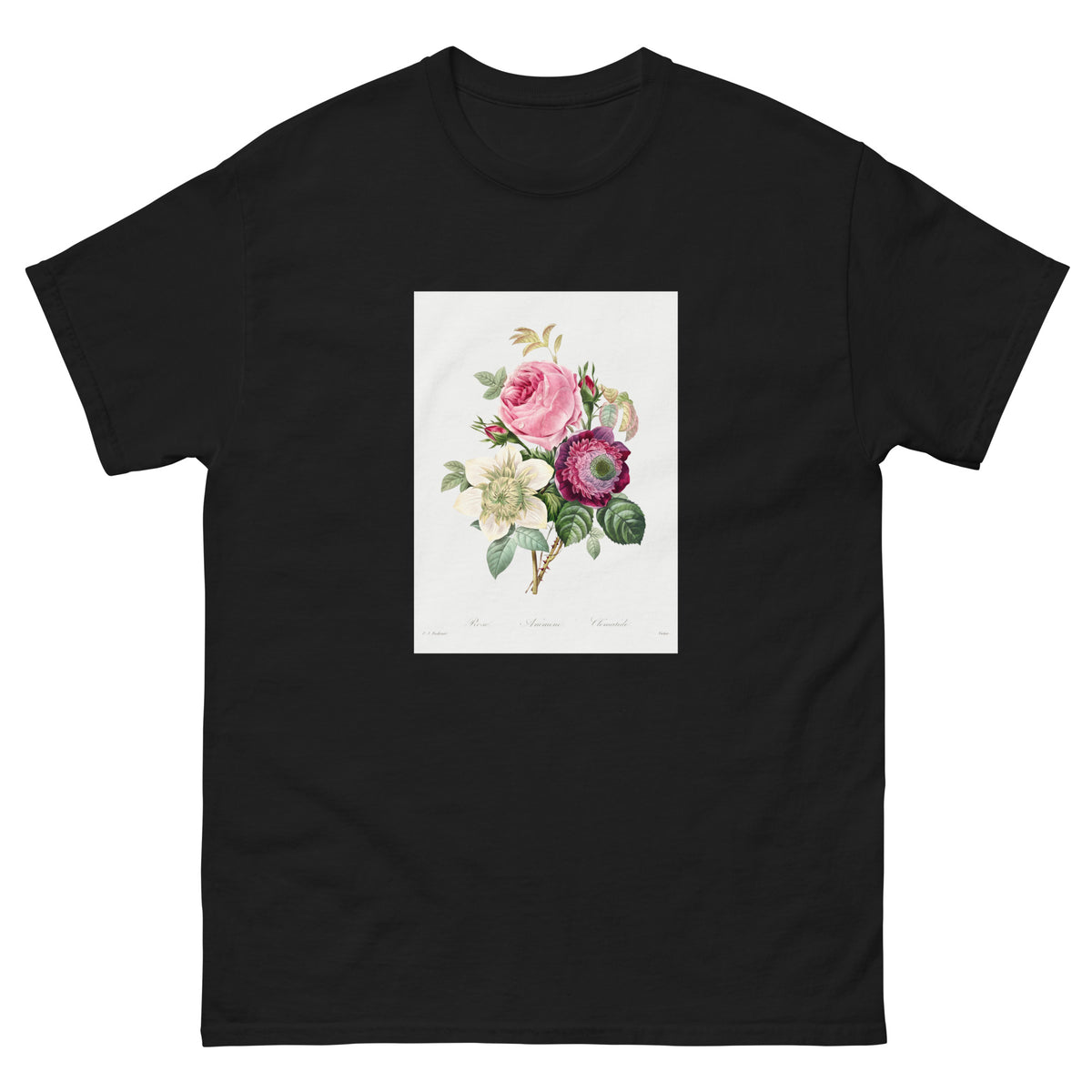 Black T-shirt Anemone And Cabbage Rose - Pierre-Joseph Redoute 1759 Essential