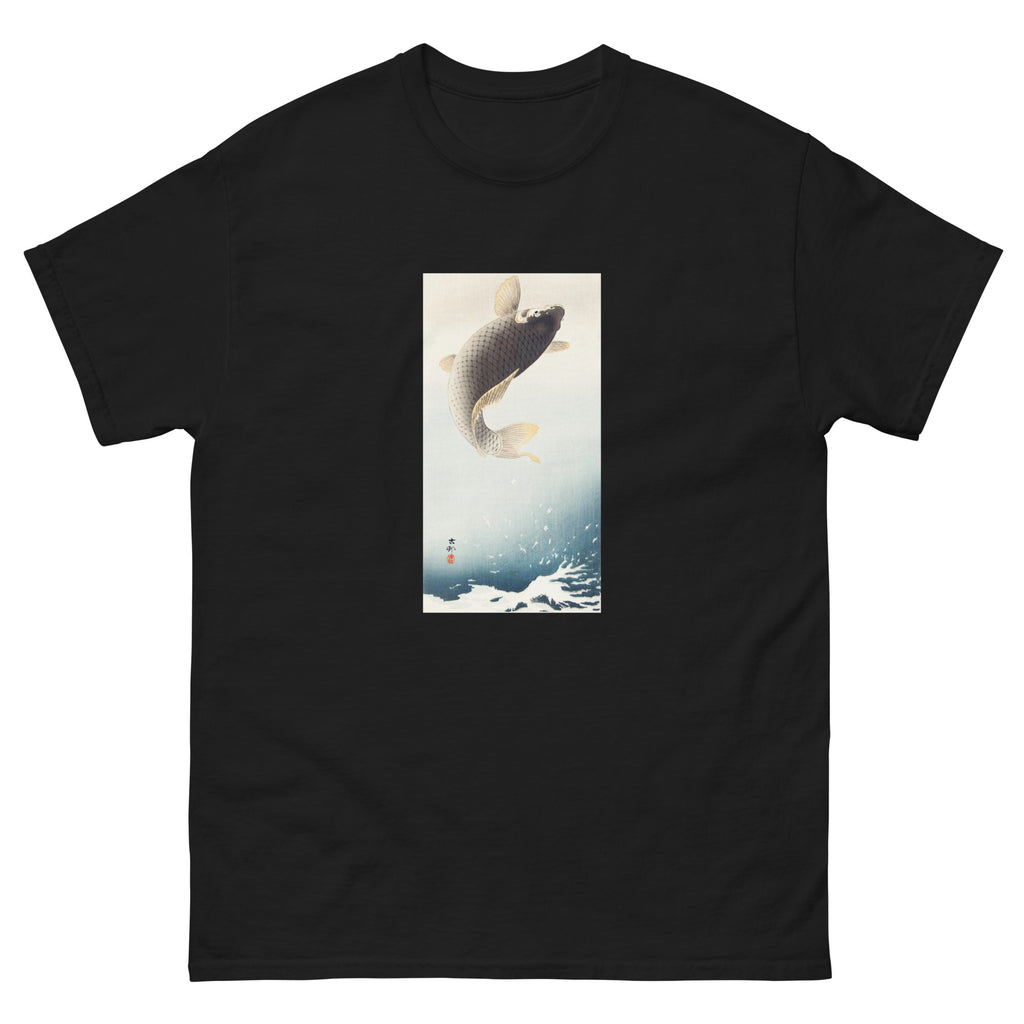 Black T-shirt A Jumping Carp - Ohara Koson 1900 Essential