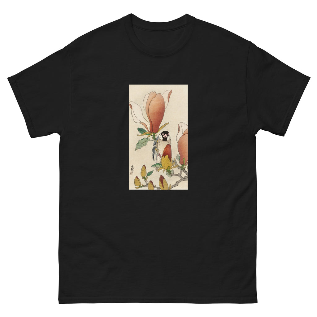 Black T-shirt Sparrow On Blooming Magnolia Branch - Ohara Koson 1900 Essential