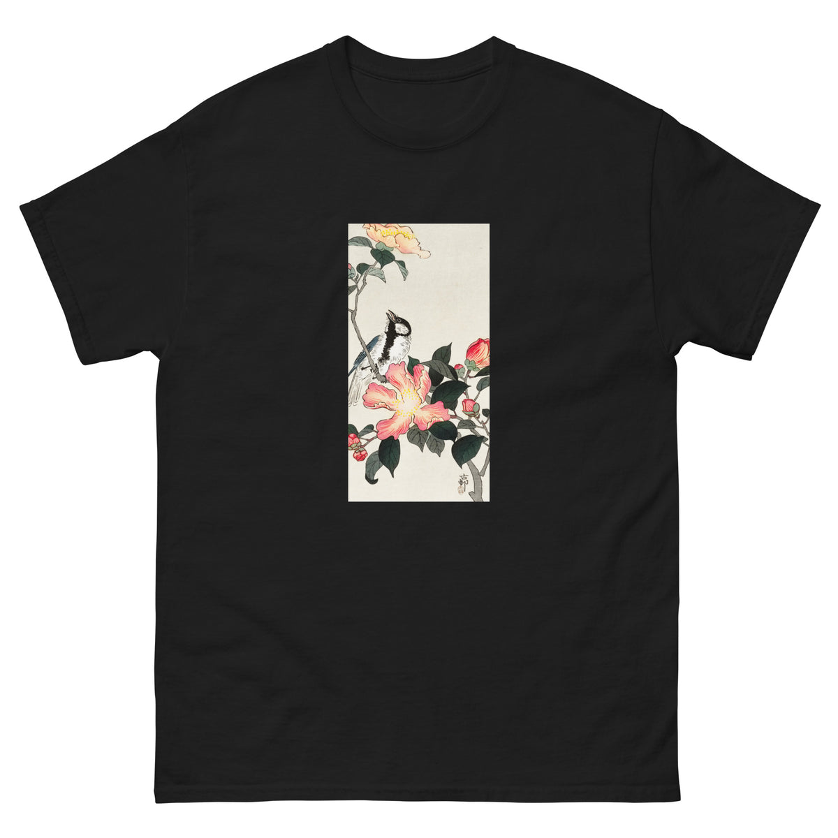 Black T-shirt Great Tit On Branch With Pink Flowers - Ohara Koson 1900 Essential