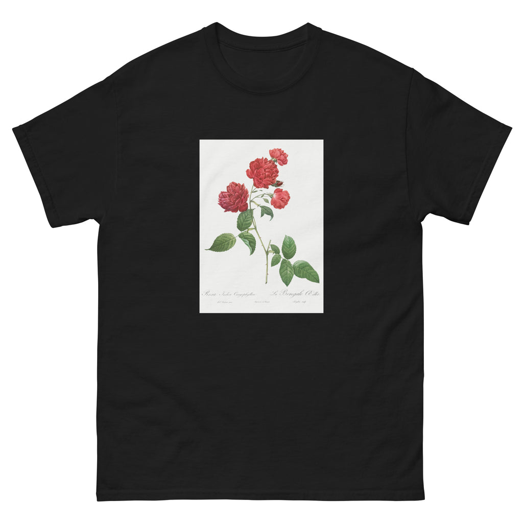 Black T-shirt Red Cabbage Rose Also Known As Bengal Eyelet Rosa Indica Caryophyllea - Pierre-Joseph Redoute Original From The Library Of Congress 1817 Essential