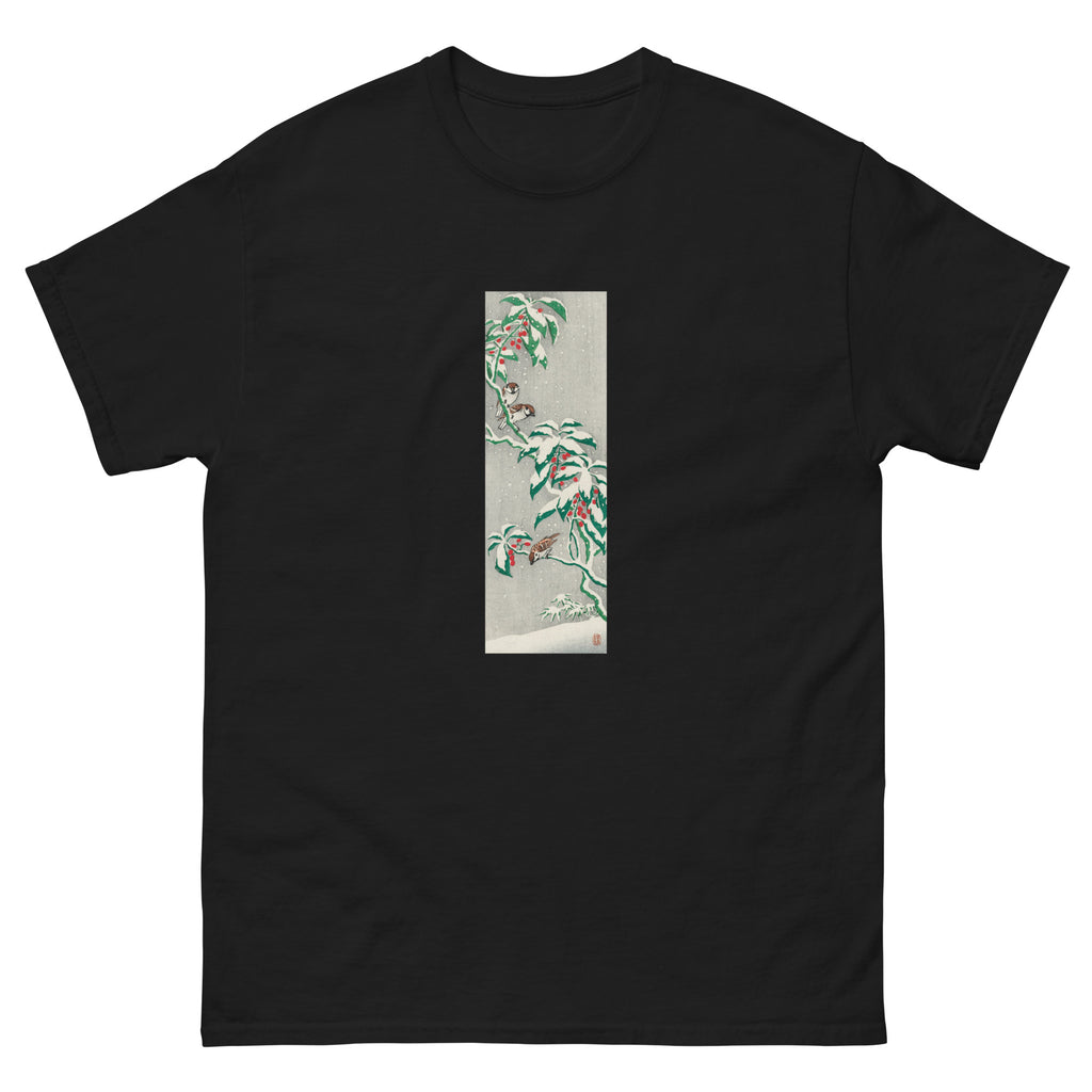 Black T-shirt Sparrows On Snowy Berry Bush Essential