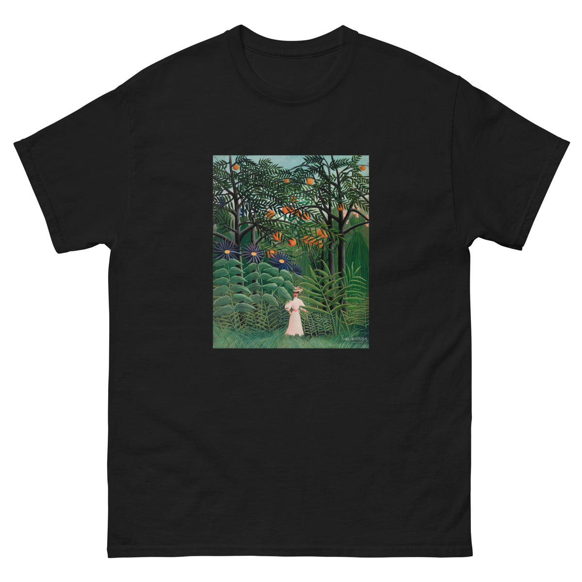 Black T-shirt Woman Walking In An Exotic Forest Femme Se Promenant Dans Une Foret Exotique Essential