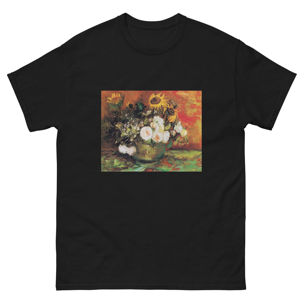 Black T-shirt Vincent Van Gogh S Bowl With Sunflowers Roses And Other Flowers Famous Painting Essential
