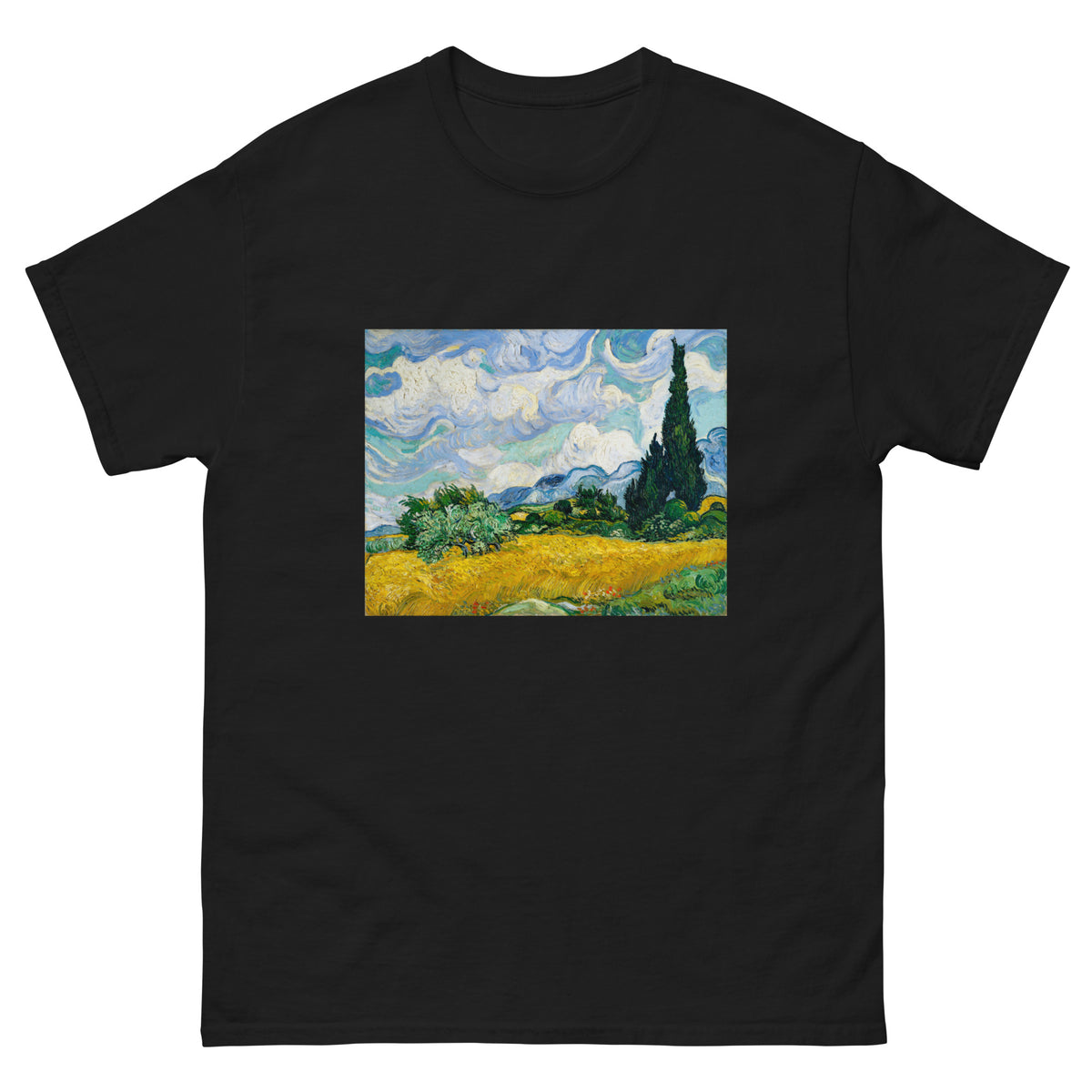 Black T-shirt Vincent Van Gogh S Wheat Field With Cypresses Famous Painting Essential