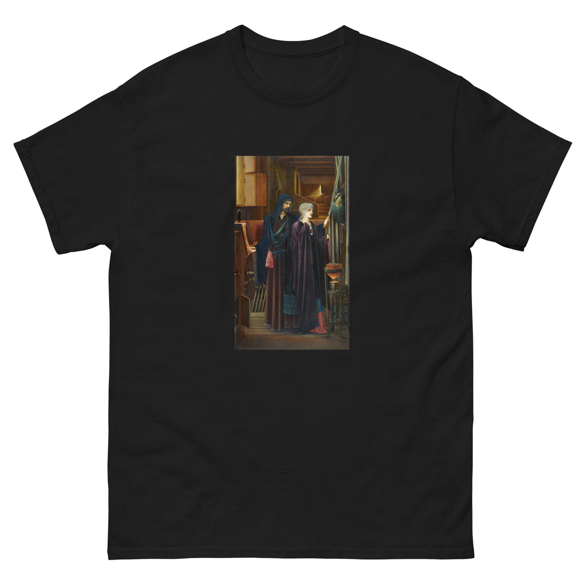 Black T-shirt The Wizard Two Figures In A Narrow Darkened Chamber A Bearded Man In A Heavy Robes Reveals A Convex Mirror To A Young Veiled Girl Behind A Drape Essential
