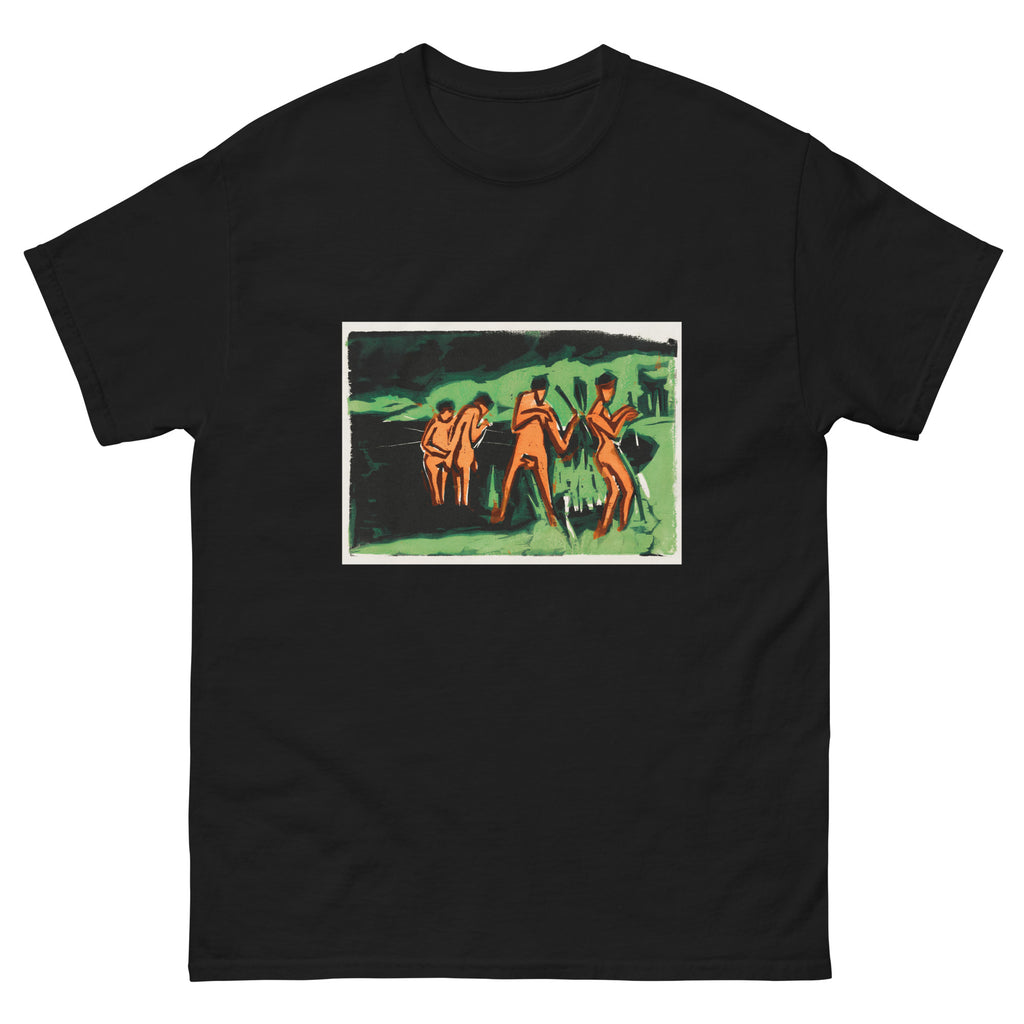 Black T-shirt Bathers Throwing Reeds Print Essential