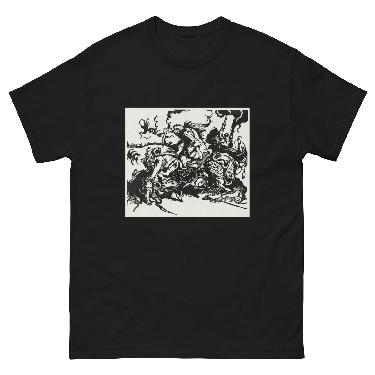 Black T-shirt Lion Hunt Print Essential