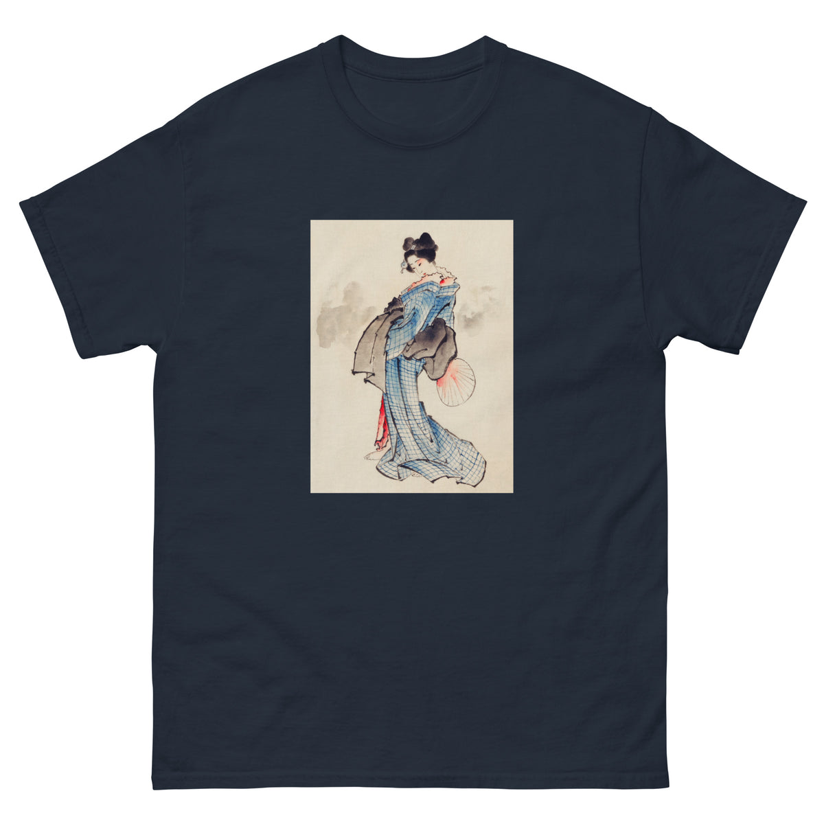 Navy T-shirt Woman Full-Length Portrait Standing Facing Left Holding Fan In Right Hand Wearing Kimono With Check Design - Katsushika Hokusai 1760 Essential