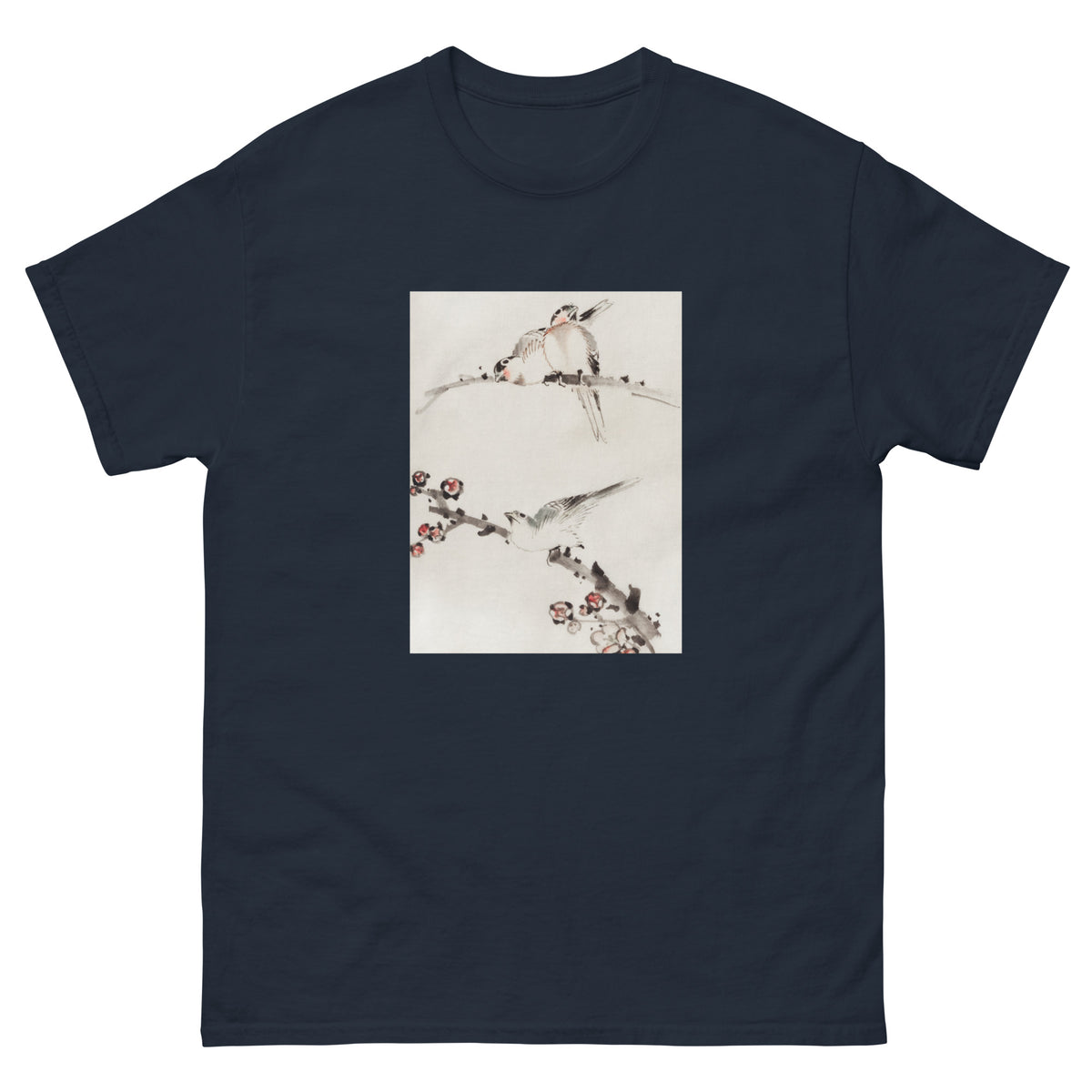 Navy T-shirt Three Birds Perched On Branches One With Blossoms - Katsushika Hokusai Published Between 1830 And 1850 An Illustration Of Three Birds Perched On Branches One With Blossoms Essential