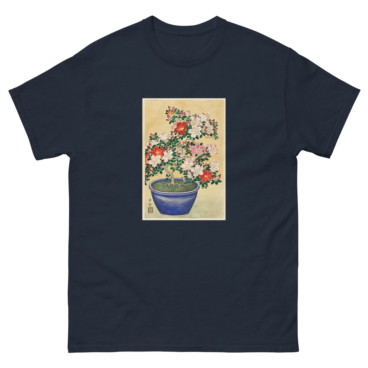 Navy T-shirt Blooming Azalea In Blue Pot - Ohara Koson 1920 Essential