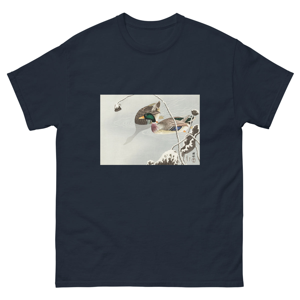 Navy T-shirt Two Mallards Near A Snow-Covered Lotus - Ohara Koson 1925 Essential