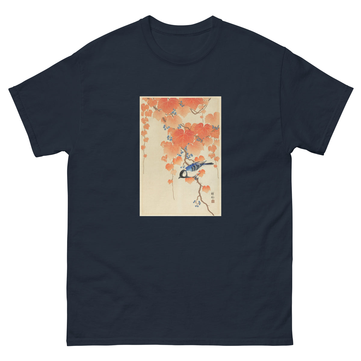 Navy T-shirt Great Tit On Paulownia Branch - Ohara Koson 1925 Essential
