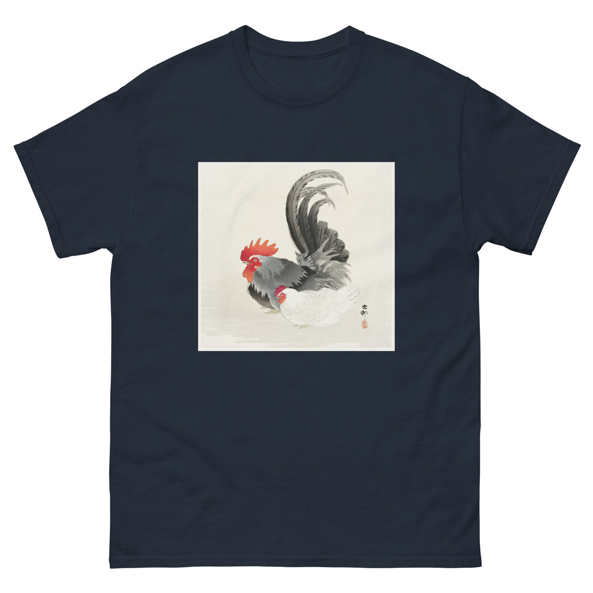 Navy T-shirt Chicken And Cock - Ohara Koson 1900 Essential