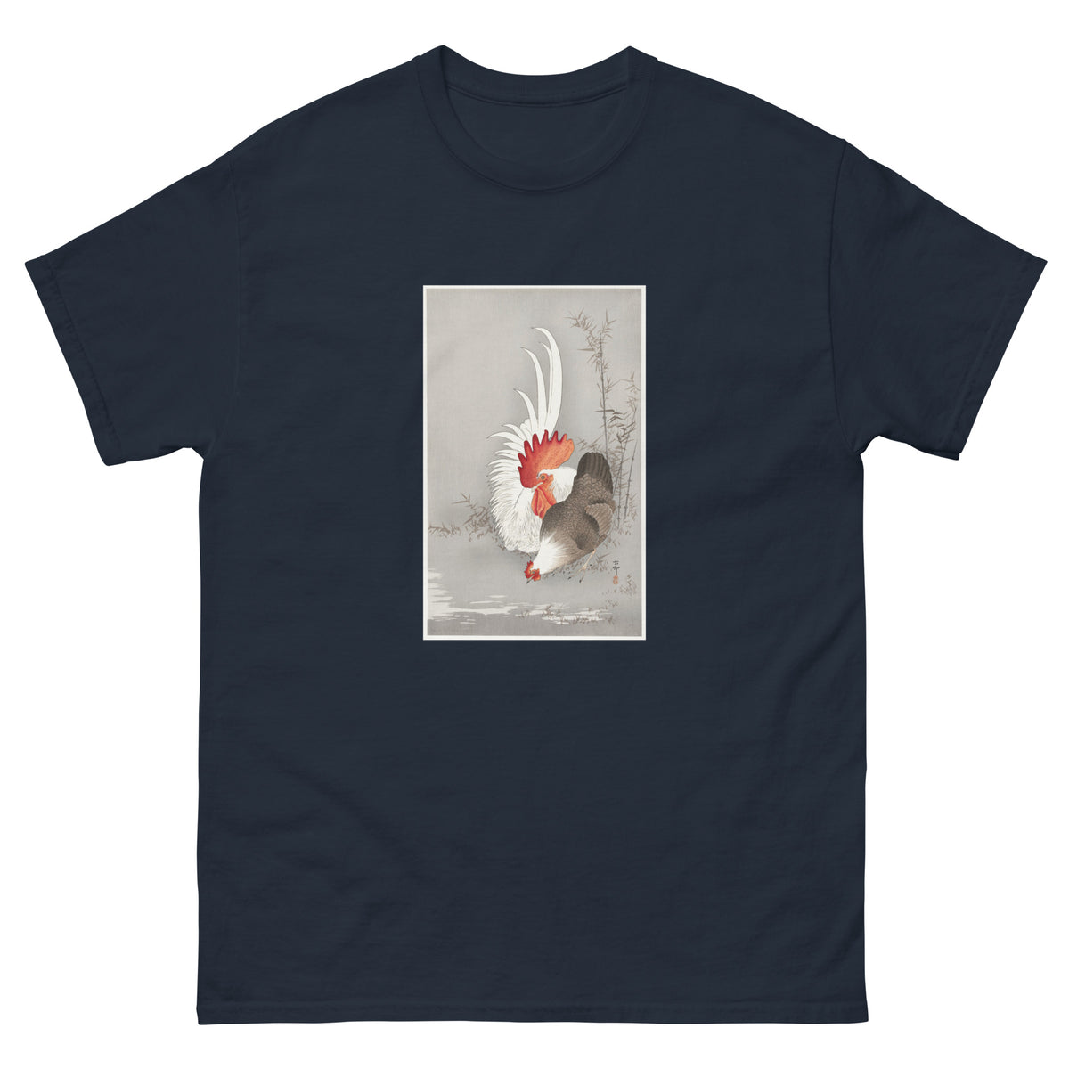 Navy T-shirt Rooster And Chicken - Ohara Koson 1900 Essential