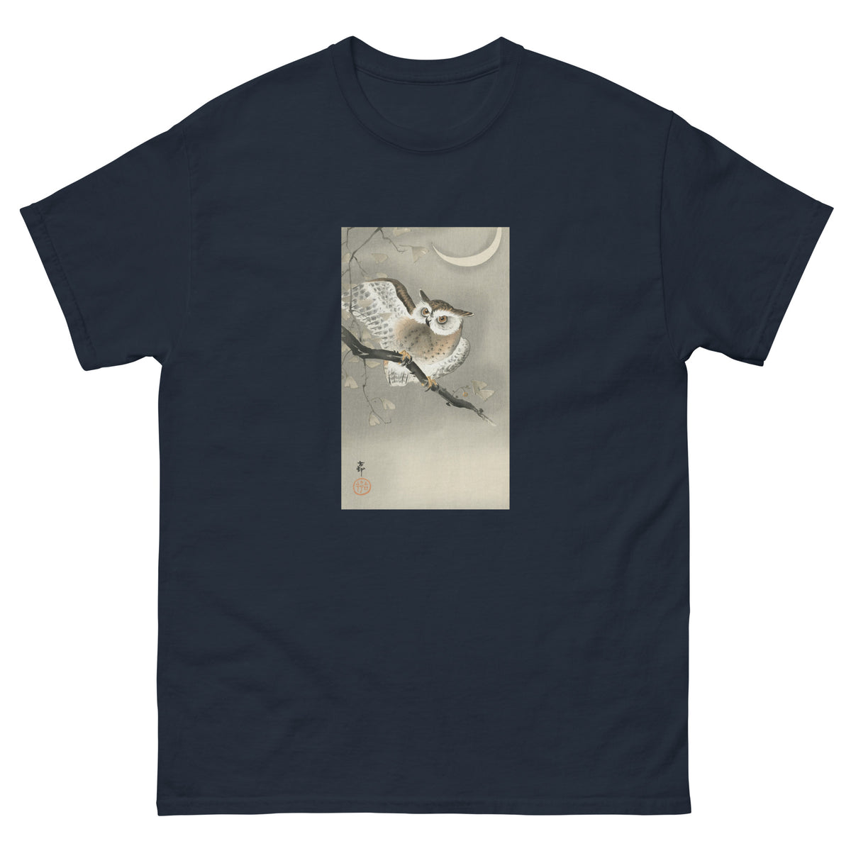 Navy T-shirt Long-Eared Owl In Ginkgo - Ohara Koson 1900 Essential