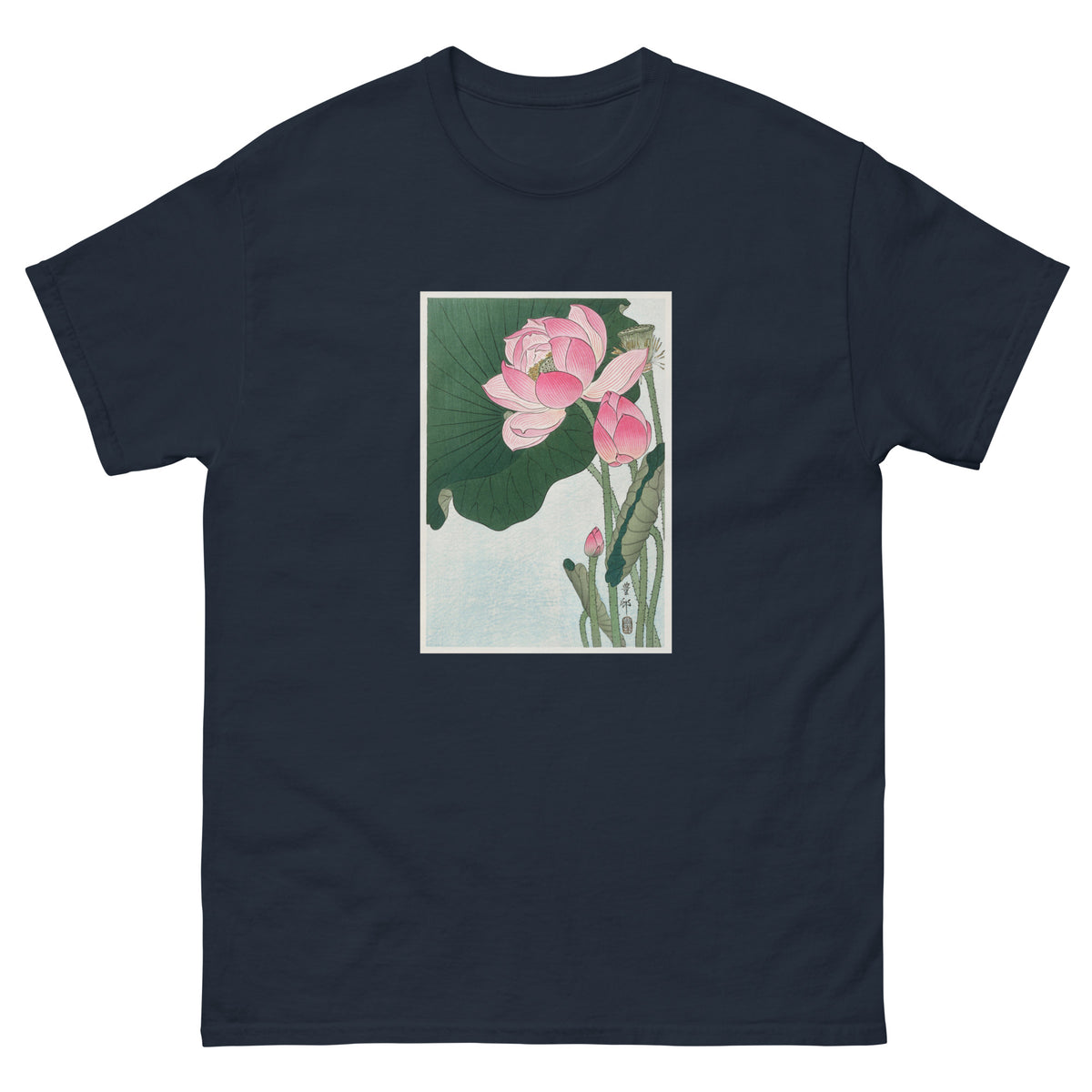 Navy T-shirt Blooming Lotus Flowers - Ohara Koson 1920 Essential