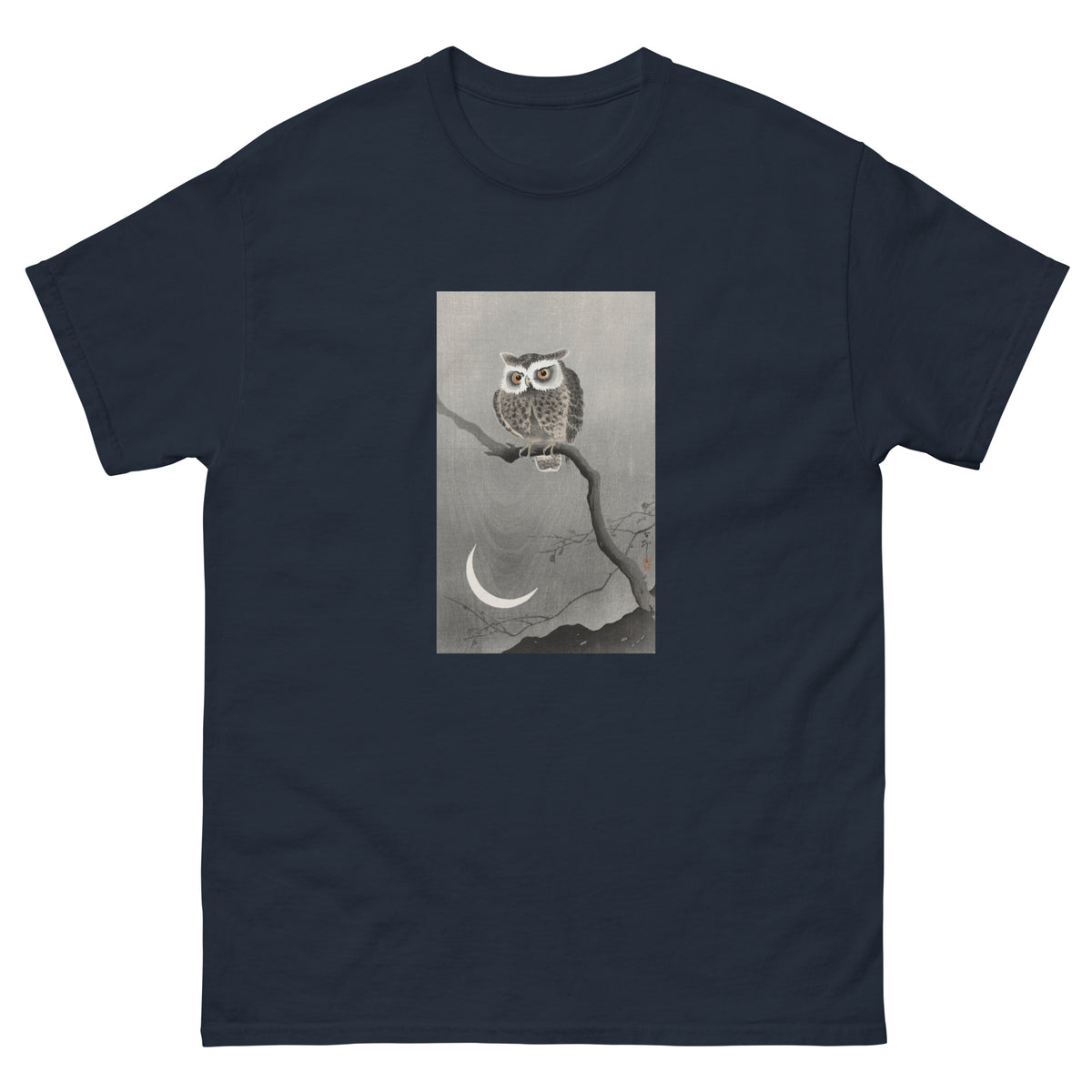 Navy T-shirt Long-Eared Owl On Bare Tree Branch - Ohara Koson 1900 Essential