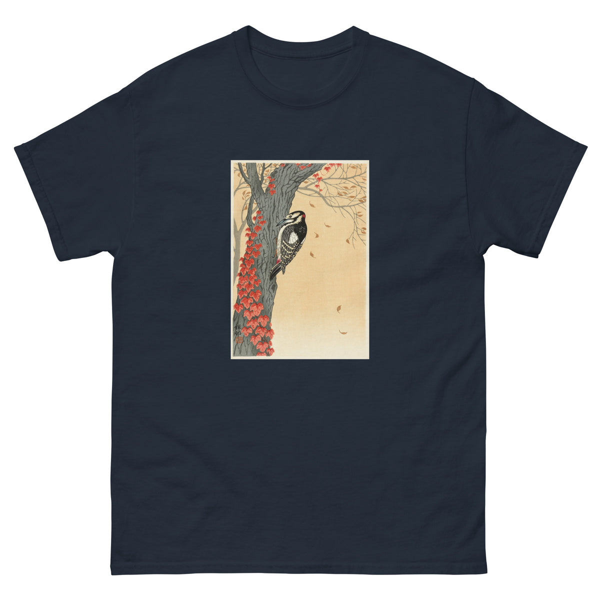 Navy T-shirt Great Spotted Woodpecker In Tree With Red Ivy - Ohara Koson 1925 Essential