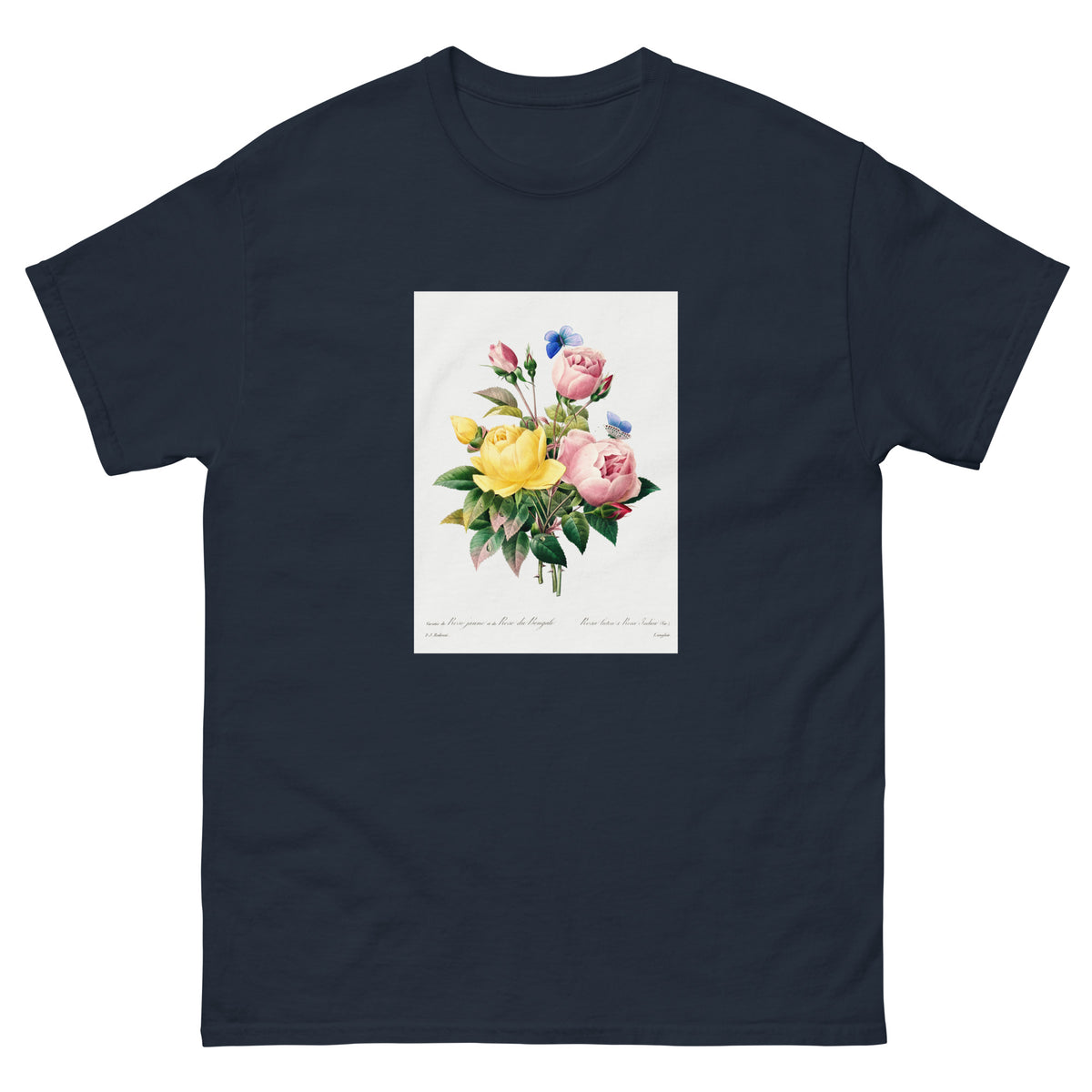 Navy T-shirt Yellow Rose And Cabbage Rose - Pierre-Joseph Redoute 1759 Essential