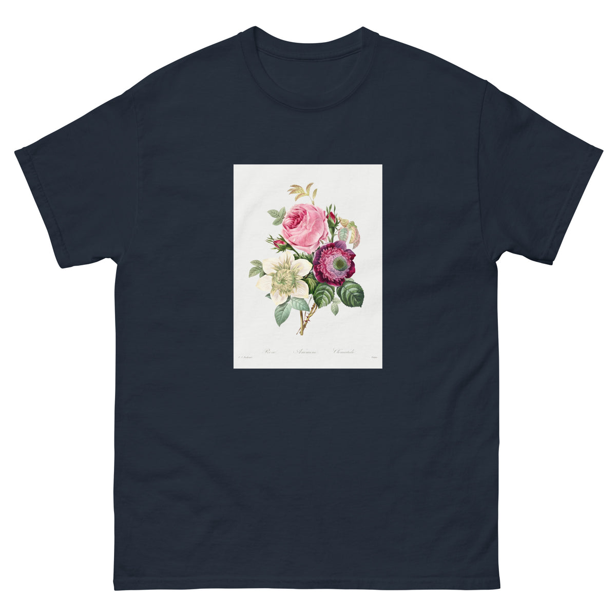 Navy T-shirt Anemone And Cabbage Rose - Pierre-Joseph Redoute 1759 Essential