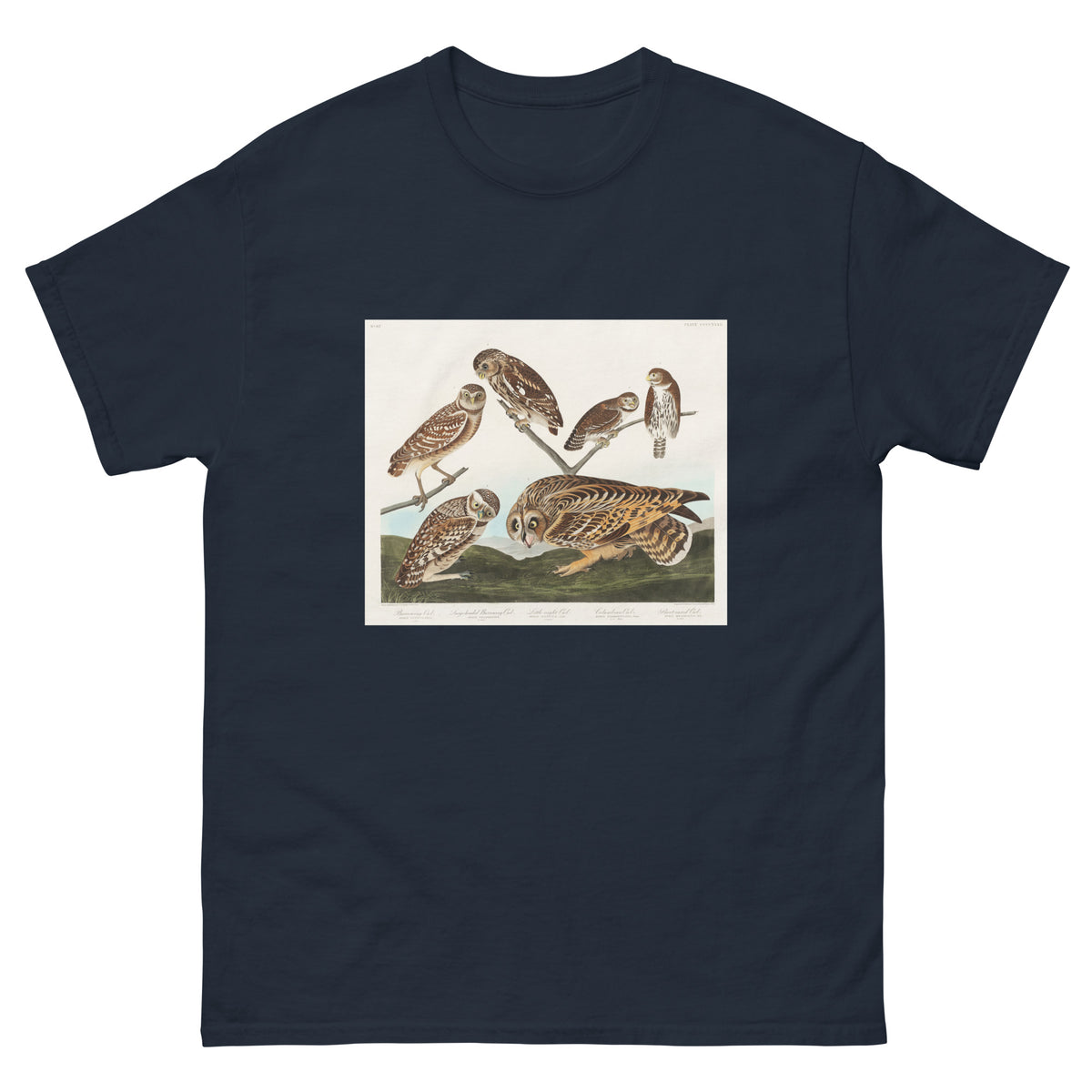 Navy T-shirt Burrowing Owl Large-Headed Burrowing Owl Little Night Owl Columbian Owl And Short-Cared Owl - John James Audubon 1827 Essential